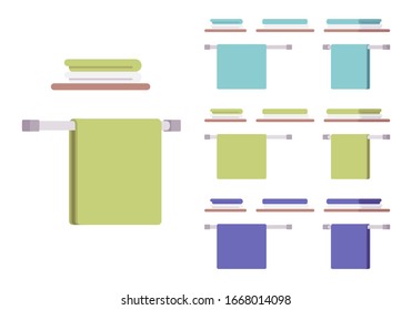 Secador de toallas y juego de pared de estante para el cuarto de baño. Aparato sanitario o de lavandería, barra colgante, calienta de tela húmeda. Ilustración de dibujos animados de estilo plano vectorial, colores y vistas diferentes