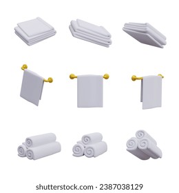 Towel rolls in different positions, handle jack-towel and white textile for skincare concept. Wiping and washing. Vector illustration in 3d realistic style