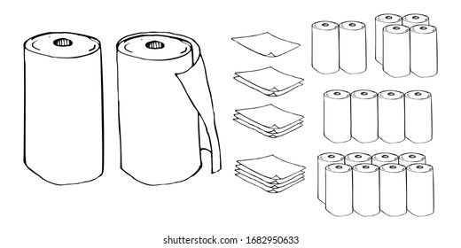 Towel rolls is one, two, four,eight. Kitchen towel.Single, double, three and four layer paper used in the kitchen or toilet.Can be used for badges, elements, symbols,signs, templates. Handmade,vector
