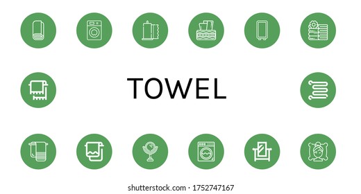 toalla simple conjunto de iconos. Contiene iconos como Roll, Lavadora, Toalla de papel, Tejido, Espejo, Toallas, Toalla, Spa, riel, se pueden usar para web, móvil y logotipo
