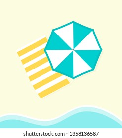 The towel and sun blue umbrella on the beach and sea wave. Vector illustration