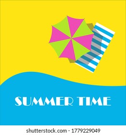 The towel and sun umbrella on beach and sea wave . Vector illustration