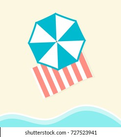 The towel and sun umbrella on beach and sea wave . Vector illustration