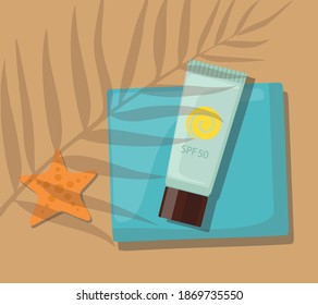 Towel, sunscreen and starfish on a sandy beach. Top view. Vector