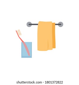 Towel and toothbrush in glass. Flat isolated color hygiene icons. Health safety, flu virus prevention infographic design. Body care bathroom stuff. Personal care products. Cartoon vector illustration.