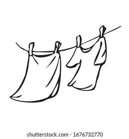 Towel And T-shirt Are Dried On A Clothesline. Vector Illustration In Line Art Style. Isolated On A White Background.