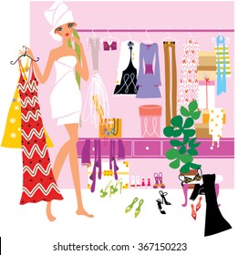 A towel wearing young woman near wardrobe. vector illustration