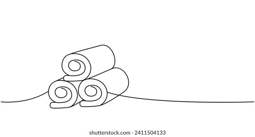 Towels for bathroom one line continuous drawing. Cleaning service tools continuous one line illustration. Vector linear illustration.