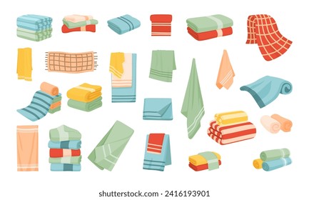 Towels for bathroom vector illustration set. Cartoon textile collection with rolled fabric hand, facial and bath cloth towels, hanging on hanger rail, lying in stack roll or pile isolated on white