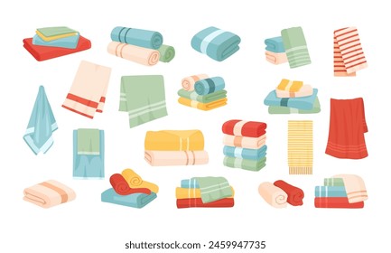 Towels for bathroom vector illustration set. Cartoon textile collection with rolled fabric hand, facial and bath cloth towels, hanging on hanger rail, lying in stack roll or pile isolated on white