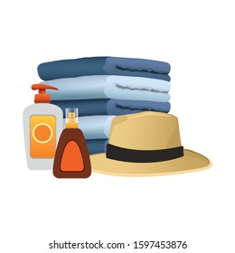 towels with beach hat and sun bronzers bottles over white background, colorful design, vector illustration