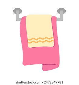 Towels. Cartoon terry cloth hanging on holder, rolled napkin and handkerchief in stack. Kitchen or bathroom hygienic fluffy fabric for wiping. Colorful domestic dishtowel. Vector textile toiletry