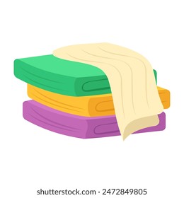 Towels. Cartoon terry cloth hanging on holder, rolled napkin and handkerchief in stack. Kitchen or bathroom hygienic fluffy fabric for wiping. Colorful domestic dishtowel. Vector textile toiletry