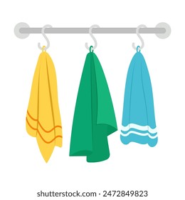 Towels. Cartoon terry cloth hanging on holder, rolled napkin and handkerchief in stack. Kitchen or bathroom hygienic fluffy fabric for wiping. Colorful domestic dishtowel. Vector textile toiletry