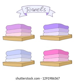 Towels collection with ribbon. Vector hand drawn collection. Bath towels clip art sketch illustration