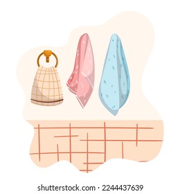 Towels Hang on Holders at Bathroom Wall, Clean Bath Hygiene Cotton, Wafer And Terry Textile, Fabric Cloth at Home or Hotel. Items for Decor And Comfort. Cartoon Vector Illustration