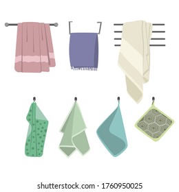 Towels hang on hook for kitchen or bathroom. Fabric wipe, fluffy towel for beauty spa salon, fresh microfiber for shower, domestic cotton, vector illustration