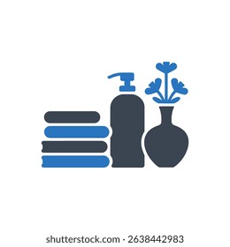 Towels, lotion, and a flower vase icon for relaxation.