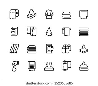 Towels And Napkins Line Icons. Paper Tissues Bathroom And Toilet Towel, Textile Serviette And Doily. Vector Images Blank Hand Dryer Toilet Paper Rolls Line Set Like Kitchen Napkin