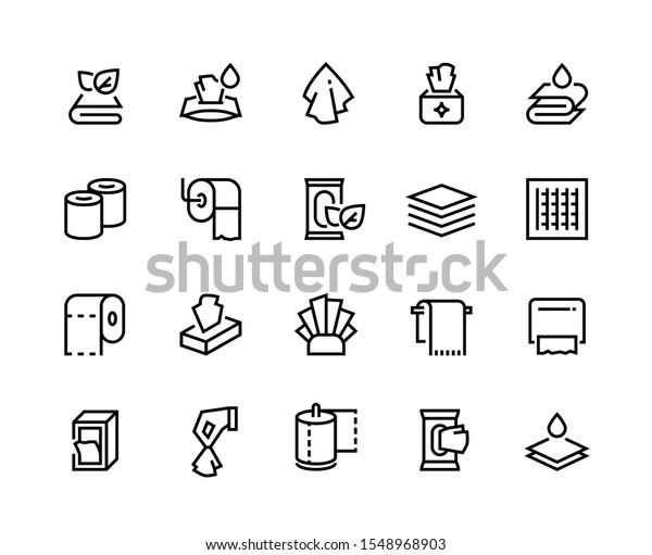 Towels and napkins line icons. Textile bathroom\
and restroom towels, dispenser with hygiene paper doily. Vector set\
sign packaging domestic wet tissue napkins for clean hands or\
cleaning table toilet