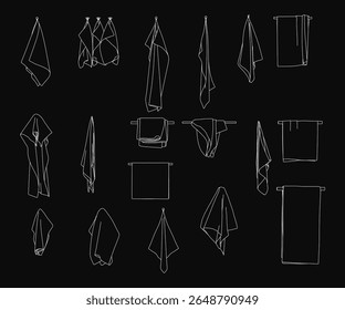 Toalhas bem dobradas e penduradas em uma linha de roupas contra um fundo preto, criando uma tela limpa e organizada. O arranjo simples destaca textura e dobras nítidas, ideais para a lavanderia