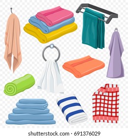 Towels Set: Hanging, White, Beach, Roll, For Spa, Kitchen, Bath And Others. Vector Cartoon Icons Isolated On A Transparent Background.