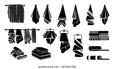 Towels silhouettes. Black towel rolls, bathroom beach or kitchen textile icons. Flat fabric for home, isolated folded cloth decent vector set