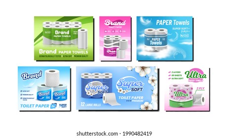 Towels And Toilet Paper Promo Posters Set Vector. Hygienic Soft Paper Accessories Blank Packages, Bird Feather And Blossom Flowers Collection Advertise Banners. Style Concept Layout Illustrations