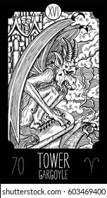 Tower. 16 Major Arcana Tarot Card. Gargoyle. Fantasy engraved line art illustration. Engraved vector drawing. See all collection in my portfolio set. 