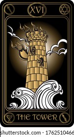 The tower. The 16th card of Major arcana black and gold tarot cards. Tarot deck. Vector hand drawn illustration with skulls, occult, mystical and esoteric symbols.