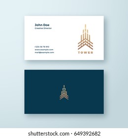 Tower Abstract Geometry Minimal Vector Sign, Symbol or Logo and Business Card Template. Premium Line Style Building Concept. Real Estate Emblem. Isolated.