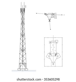 Tower With Antennas Of Cellular Communication. Microwave And Cell Site Antennas. Vector Illustration Isolated On White Background. Side And Top Views