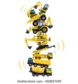 Tower assembled from building machines - truck, digger, crane, bagger, mix. Construction machinery yellow set. Collected ground works. Machine vehicles, excavator. Build equipment. Vector illustration