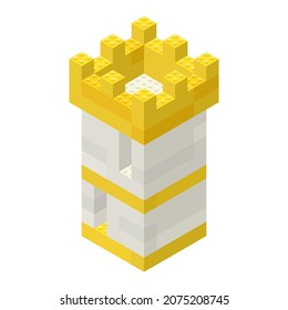 The tower is assembled from white and yellow plastic blocks in an isometric style. For a game map of the area. Vector illustration.