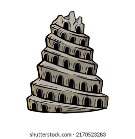 Tower Of Babel. Ancient City Babylon Of Mesopotamia And Iraq. Biblical Story. Sumerian Civilization. History And Archaeology. Hand Drawn Sketch