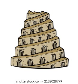 Tower of Babel. Ancient city Babylon of Mesopotamia and Iraq. Biblical story. Sumerian civilization. History and archaeology. Hand drawn sketch