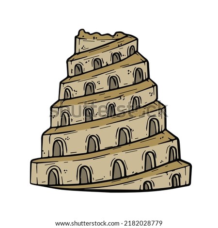 Tower of Babel. Ancient city Babylon of Mesopotamia and Iraq. Biblical story. Sumerian civilization. History and archaeology. Hand drawn sketch