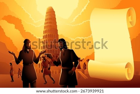 Tower of Babel Illustration with Ancient Scroll. Biblical Story, Religion, and History Concept.