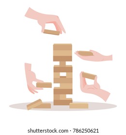 Tower Balance Game With Hands. Wooden Stack Risk Block Toy For Two Or More Persons. Take And Put Process. Vector Illustration Isolated On White Background