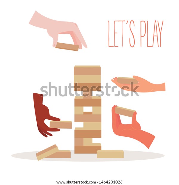タワーバランスジェンガゲーム 木の積み重ねブロック玩具 異なる位置 手と手は別々のブロックを持ち リスクゲームを行う 白い背景にベクターイラスト のベクター画像素材 ロイヤリティフリー