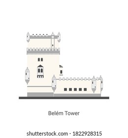 Tower of Belem in Lisbon, Potugal. The other name is Torre de Belem. World countries cities vacation travel. Landmark travel sightseeing collection in flat cartoon style. Vector illustration