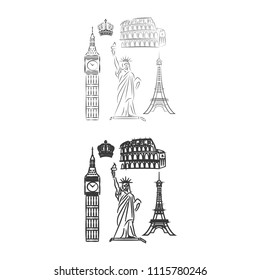 The tower of big Ben. Statue Of Liberty. Great Colosseum, Rome, Italy. Landmark set vector  icon.