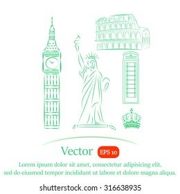 The tower of big Ben. Statue Of Liberty. Great Colosseum, Rome, Italy. Landmark set vector icons. 
