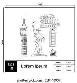 The tower of big Ben. Statue Of Liberty. Great Colosseum, Rome, Italy. Landmark set vector icons.