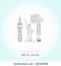 The tower of big Ben. Statue Of Liberty. Great Colosseum, Rome, Italy. Landmark set vector icons.