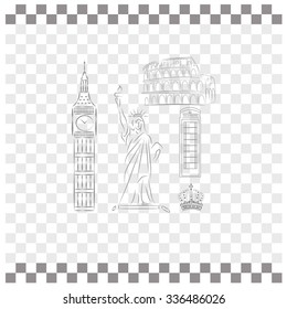 The tower of big Ben. Statue Of Liberty. Great Colosseum, Rome, Italy. Landmark set vector icons.