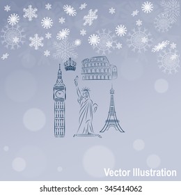 The tower of big Ben. Statue Of Liberty. Great Colosseum, Rome, Italy. Landmark set vector icons.