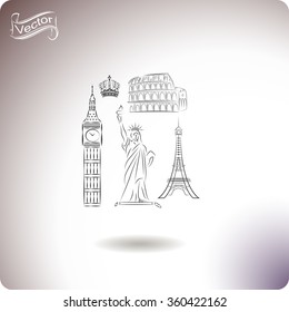 The tower of big Ben. Statue Of Liberty. Great Colosseum, Rome, Italy. Landmark set vector icons.