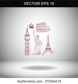 The tower of big Ben. Statue Of Liberty. Great Colosseum, Rome, Italy. Landmark set vector icons.