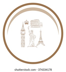 The tower of big Ben. Statue Of Liberty. Great Colosseum, Rome, Italy. Landmark set vector icons.